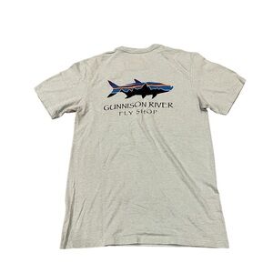 Patagonia Shirt Mens M Blue Short Sleeve Gunnison River Flyshop Fishing Graphic